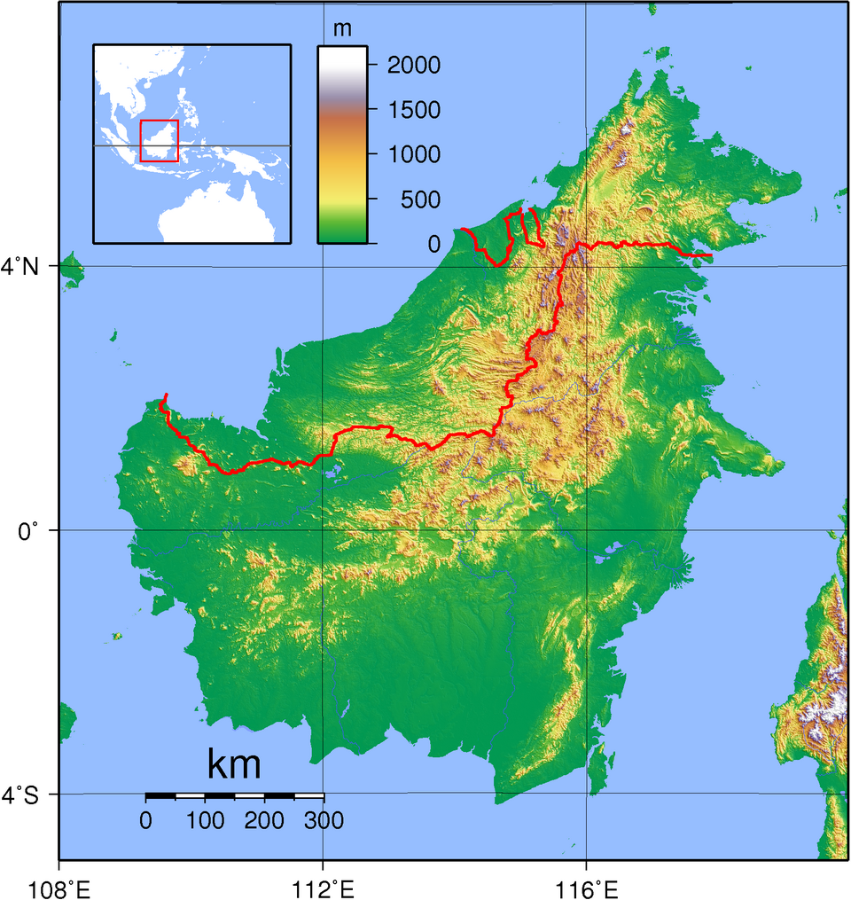 Topografische Karte der Insel Borneo